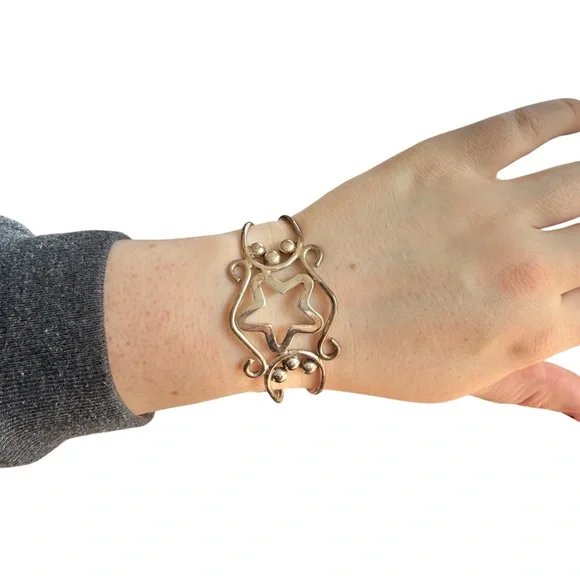 Vintage 90s Mexico Stamped Silver Tone Cuff Bracelets Set Star Oval Ball Design - Picture 3 of 8